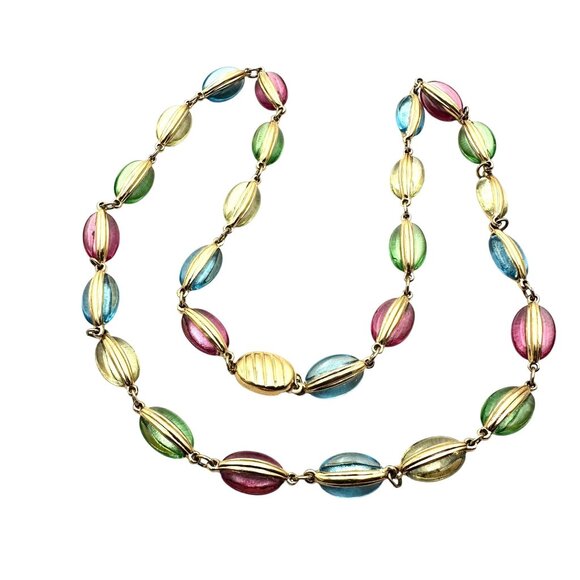 Swarovski Multicolor Crystal Necklace Gold Tone Swan Signed 22 Inch Pastel - Picture 3 of 4